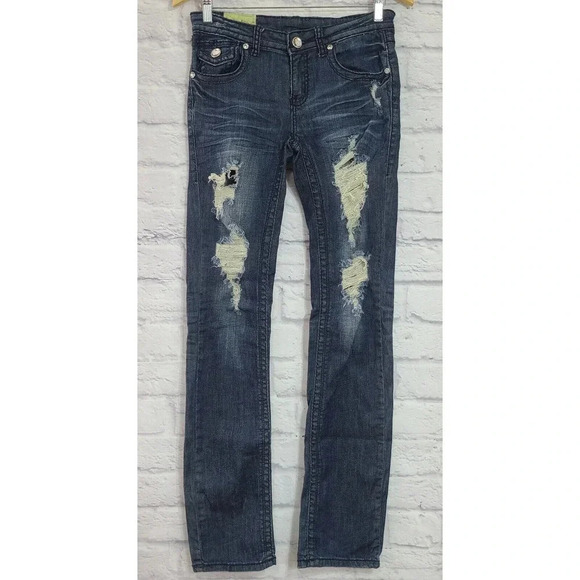 Machine Denim Jeans Women's Size 27 Dark Wash Distressed Embroidered - Picture 1 of 11